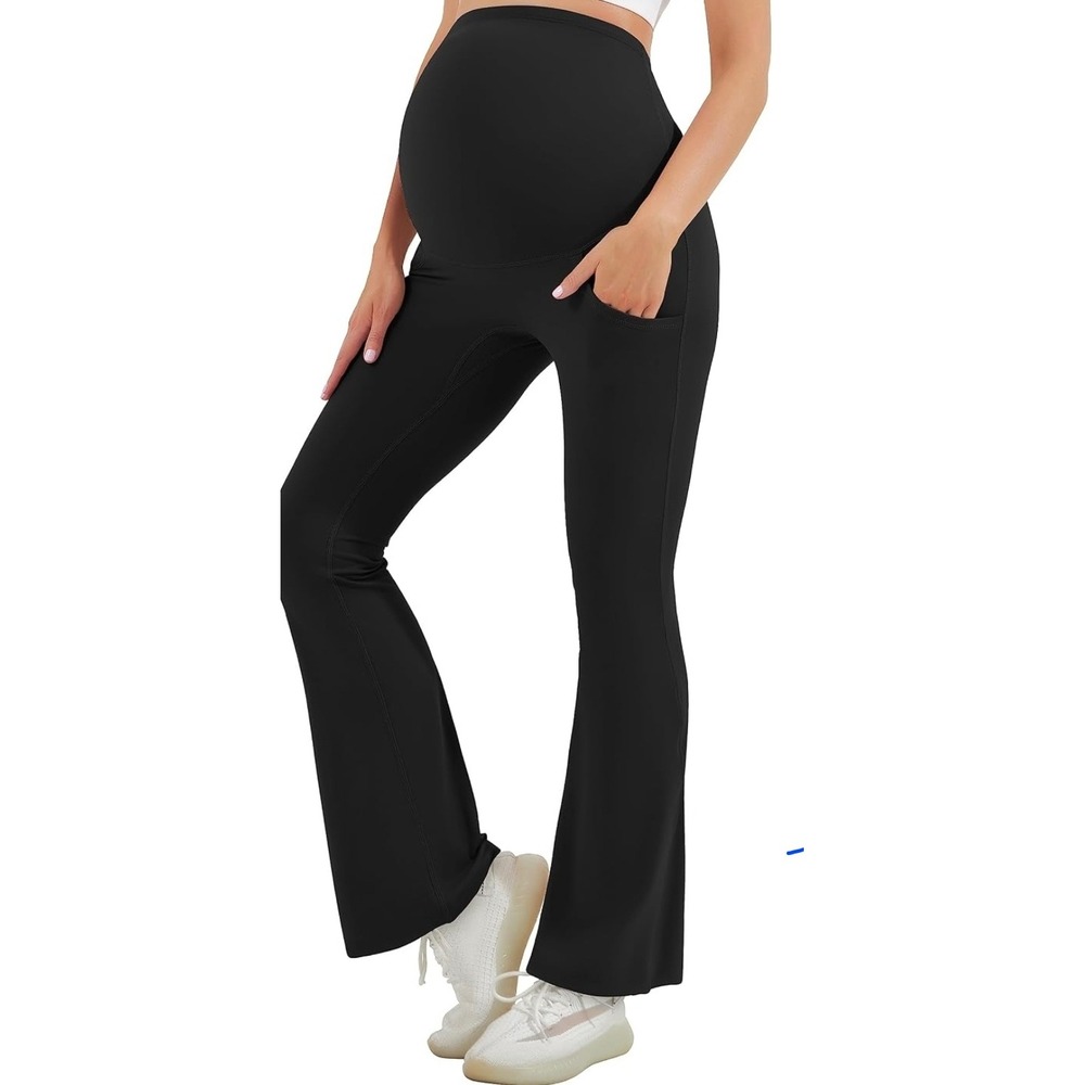 Maternity Yoga Pants Over the Belly Flare Leggings with Pockets Black Bootcut